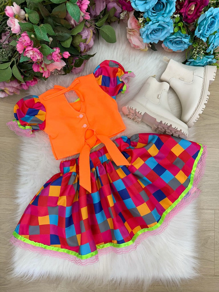 Conjunto Junino Banana Club Luxo Manu Laranja Neon - Estilo Delicado para o Dia a Dia | Bebeloo Kids