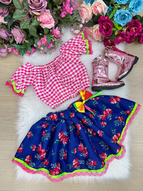 Conjunto Junino Banana Club Luxo Mirela Saia Florida Azul - Estilo Delicado para o Dia a Dia | Bebeloo Kids