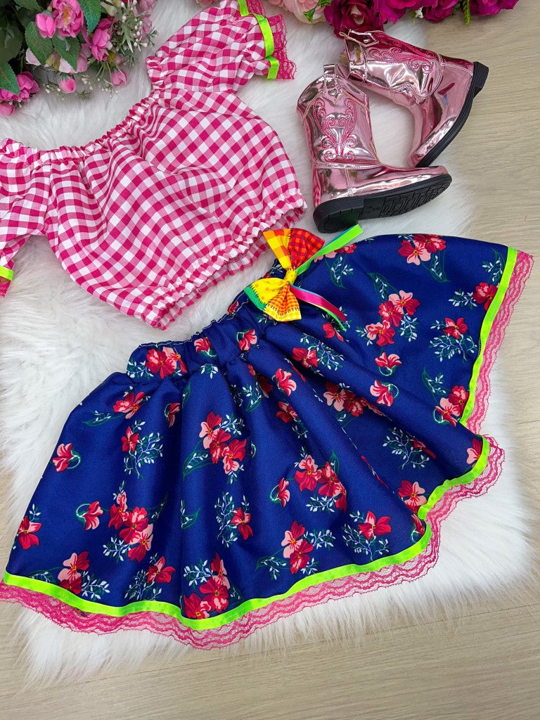 Conjunto Junino Banana Club Luxo Mirela Saia Florida Azul - Estilo Delicado para o Dia a Dia | Bebeloo Kids