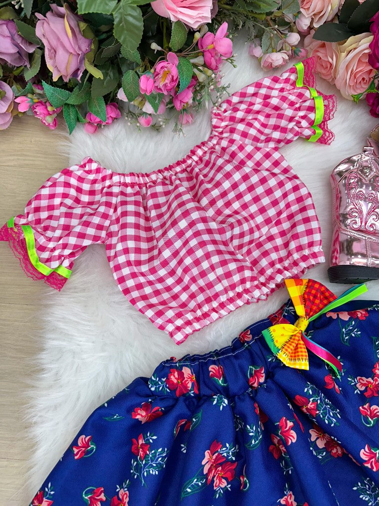 Conjunto Junino Banana Club Luxo Mirela Saia Florida Azul - Estilo Delicado para o Dia a Dia | Bebeloo Kids