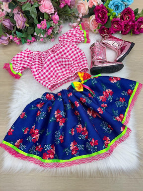 Conjunto Junino Banana Club Luxo Mirela Saia Florida Azul - Estilo Delicado para o Dia a Dia | Bebeloo Kids