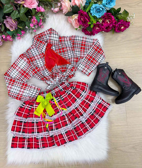 Conjunto Junino Xadrez Chiquinha Vermelho - Estilo Delicado para o Dia a Dia | Bebeloo Kids