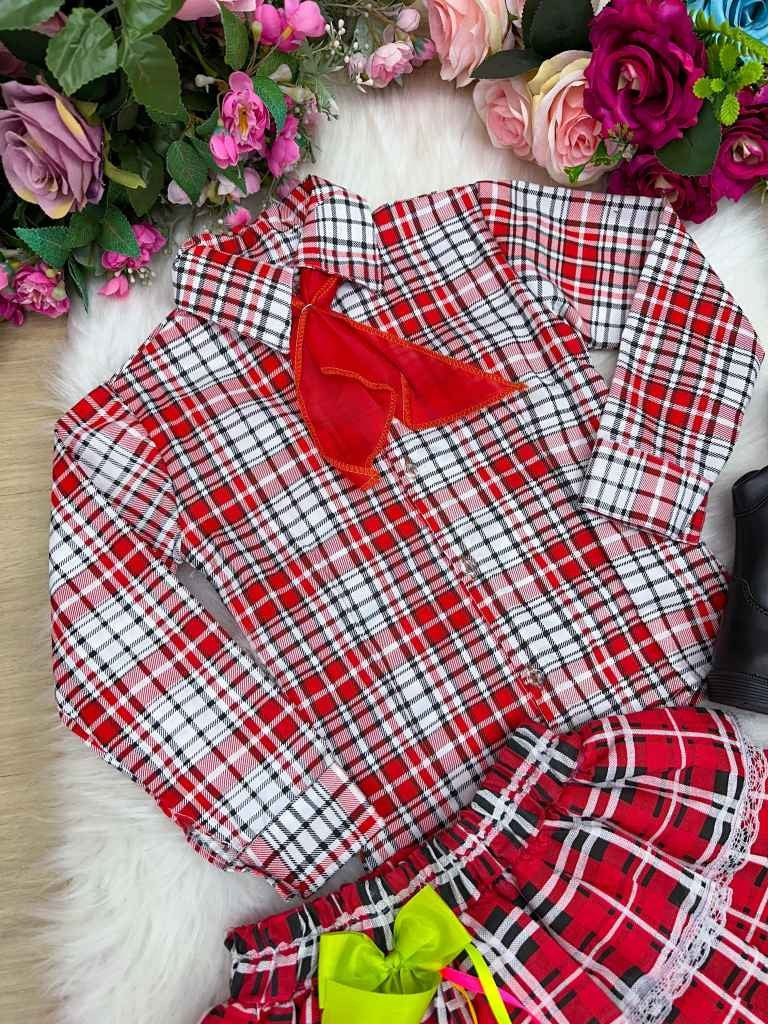 Conjunto Junino Xadrez Chiquinha Vermelho - Estilo Delicado para o Dia a Dia | Bebeloo Kids