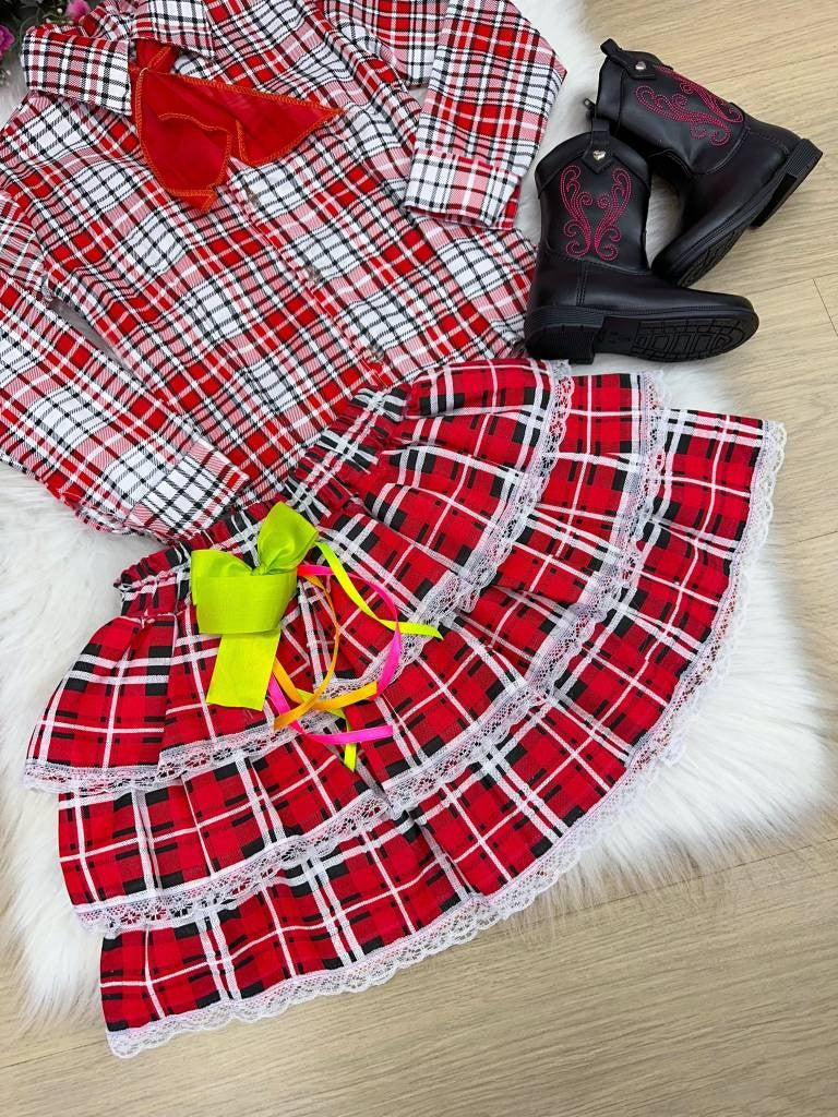 Conjunto Junino Xadrez Chiquinha Vermelho - Estilo Delicado para o Dia a Dia | Bebeloo Kids