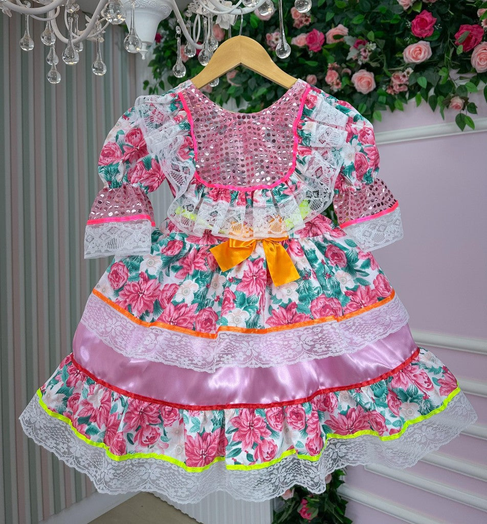 Vestido Junino Bell Luxo Arraia do Brilho Rosa Bebe - Leveza e Elegância para Meninas | Bebeloo Kids