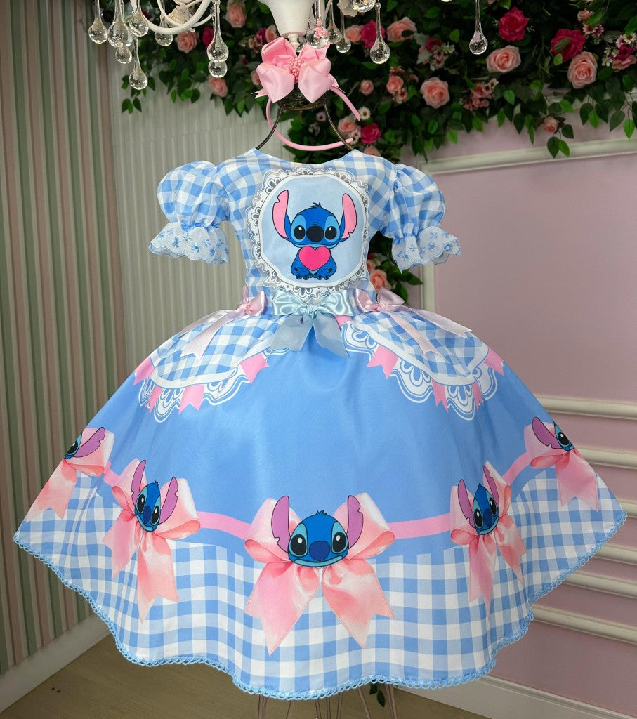 Vestido Junino Tematico Luxo Lilo Stitch Azul Bebe - Leveza e Elegância para Meninas | Bebeloo Kids