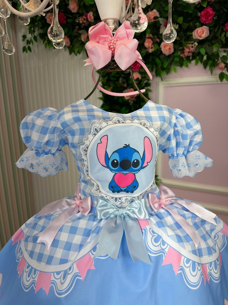 Vestido Junino Tematico Luxo Lilo Stitch Azul Bebe - Leveza e Elegância para Meninas | Bebeloo Kids