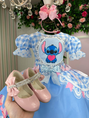Vestido Junino Tematico Luxo Lilo Stitch Azul Bebe - Leveza e Elegância para Meninas | Bebeloo Kids