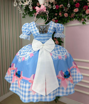 Vestido Junino Tematico Luxo Lilo Stitch Azul Bebe - Leveza e Elegância para Meninas | Bebeloo Kids
