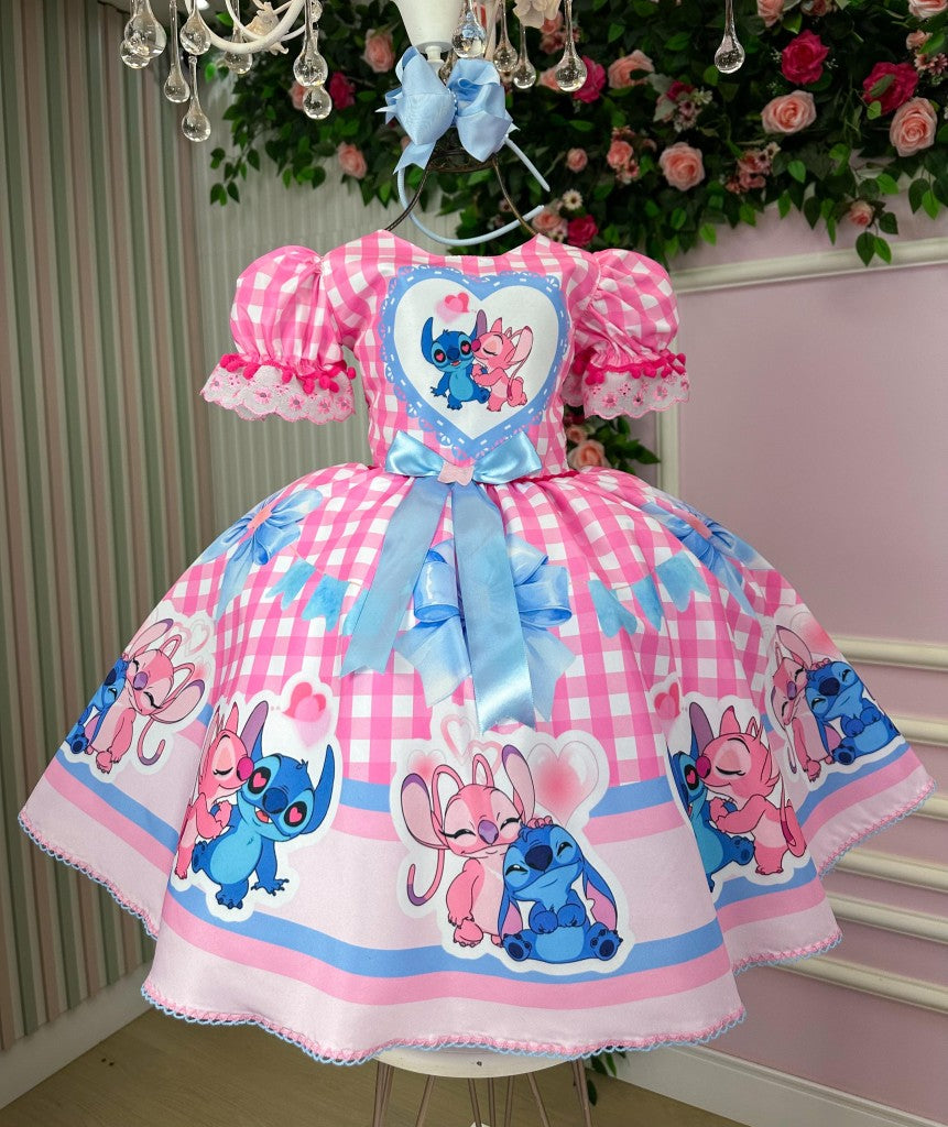 Vestido Junino Tematico Luxo Lilo Stitch Rosa Bebe - Leveza e Elegância para Meninas | Bebeloo Kids