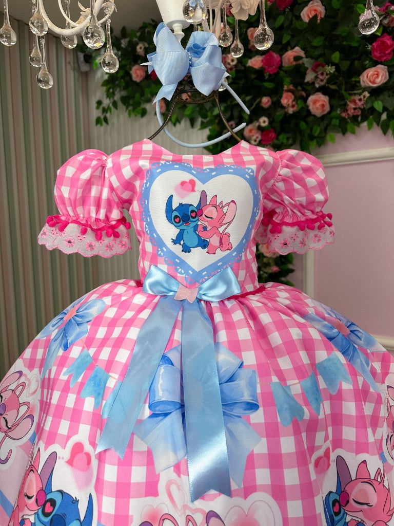 Vestido Junino Tematico Luxo Lilo Stitch Rosa Bebe - Leveza e Elegância para Meninas | Bebeloo Kids