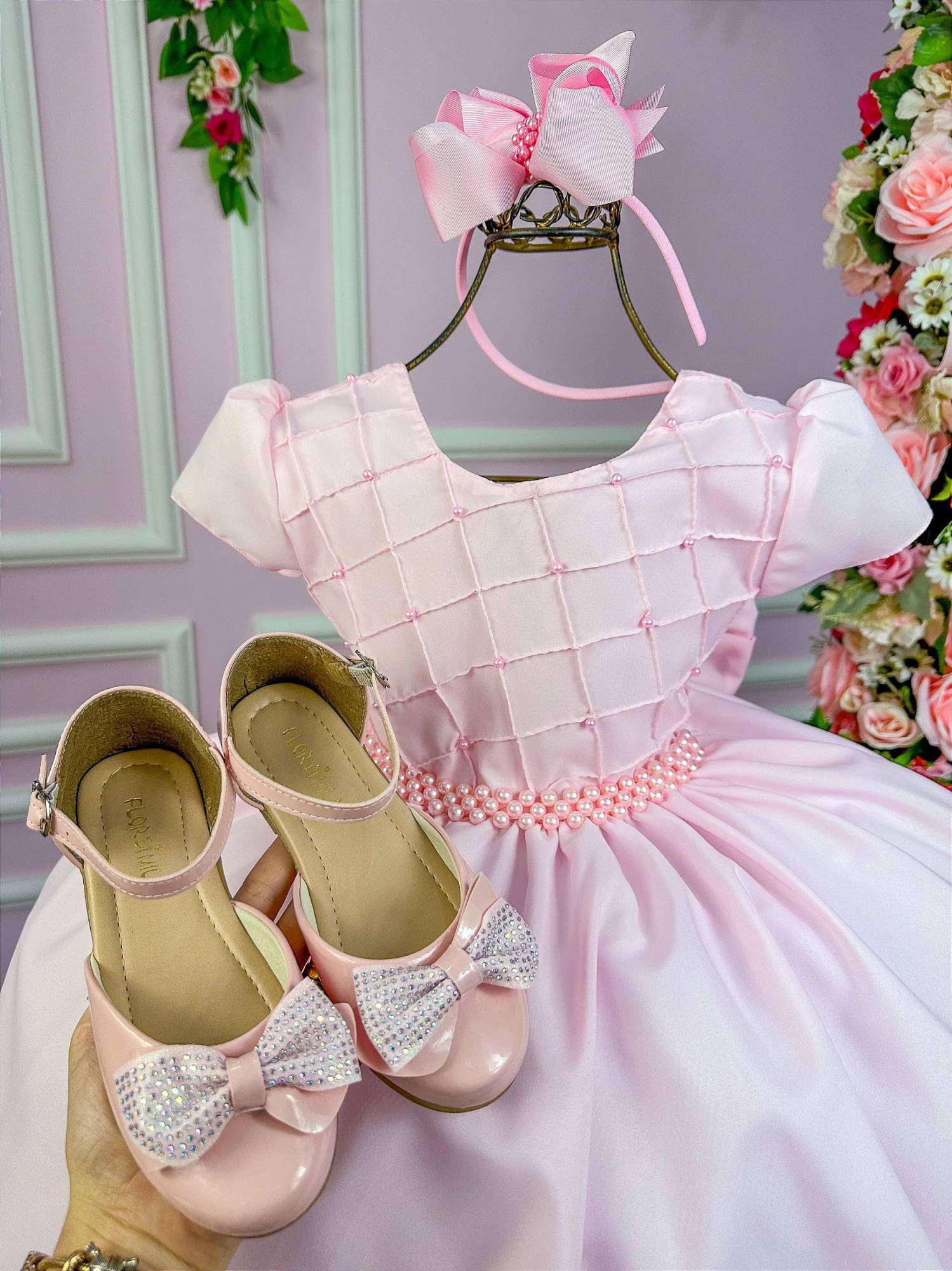 Vestido Ysa Kids Rosa Bebe Peito Perolas