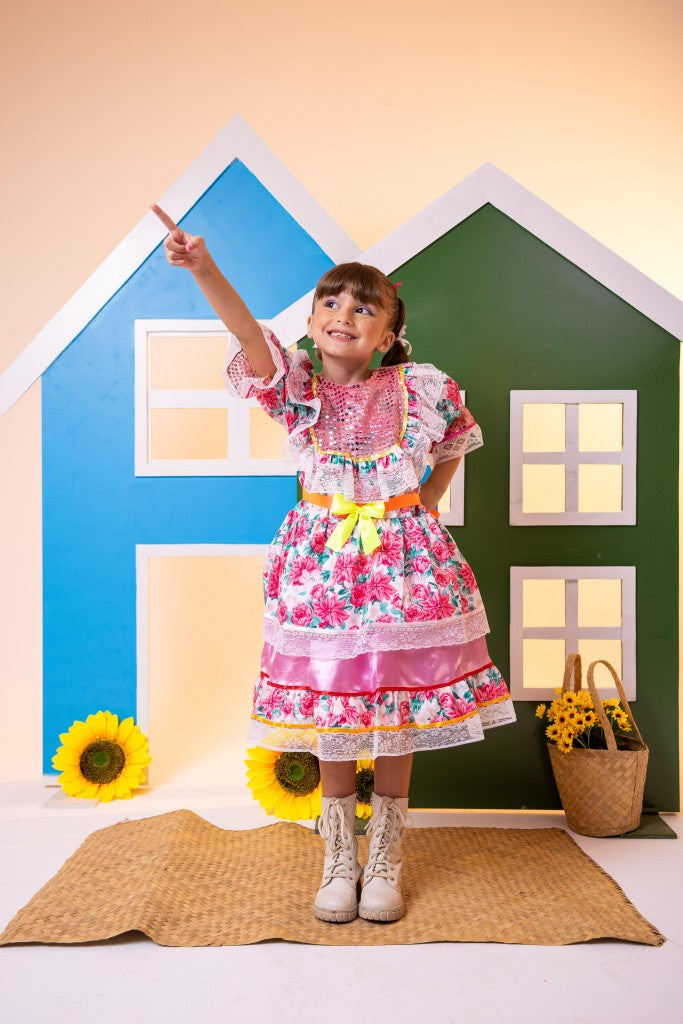 Vestido Junino Bell Luxo Arraia do Brilho Rosa Bebe - Leveza e Elegância para Meninas | Bebeloo Kids