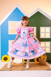 Vestido Junino Tematico Luxo Lilo Stitch Rosa Bebe - Leveza e Elegância para Meninas | Bebeloo Kids