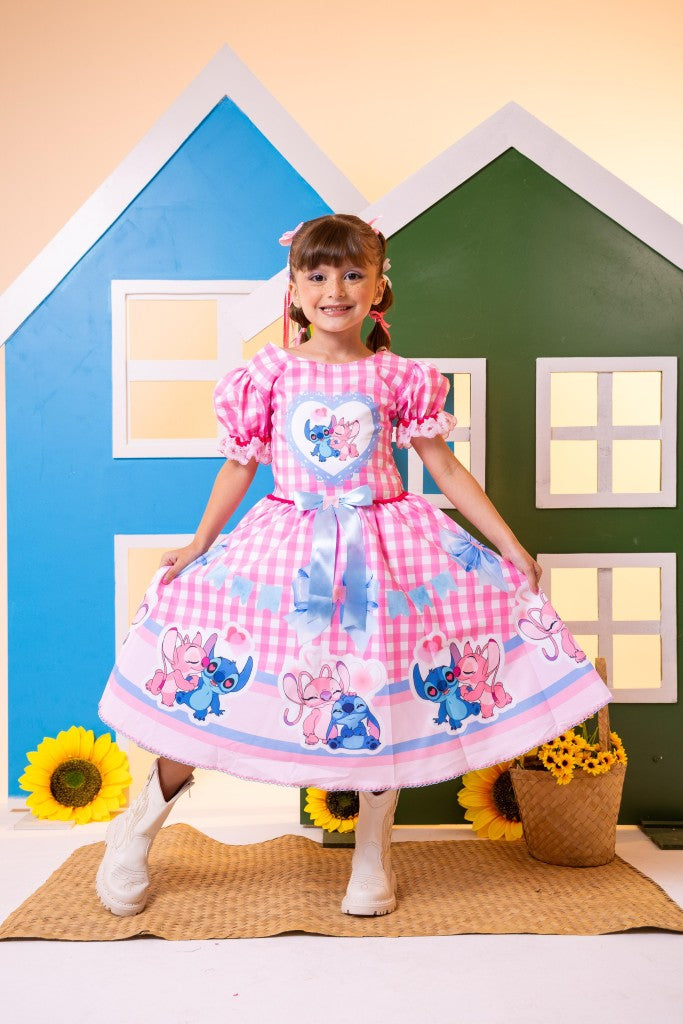 Vestido Junino Tematico Luxo Lilo Stitch Rosa Bebe - Leveza e Elegância para Meninas | Bebeloo Kids
