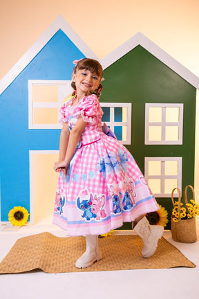 Vestido Junino Tematico Luxo Lilo Stitch Rosa Bebe - Leveza e Elegância para Meninas | Bebeloo Kids