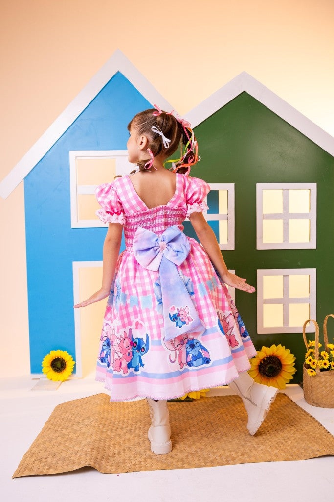 Vestido Junino Tematico Luxo Lilo Stitch Rosa Bebe - Leveza e Elegância para Meninas | Bebeloo Kids