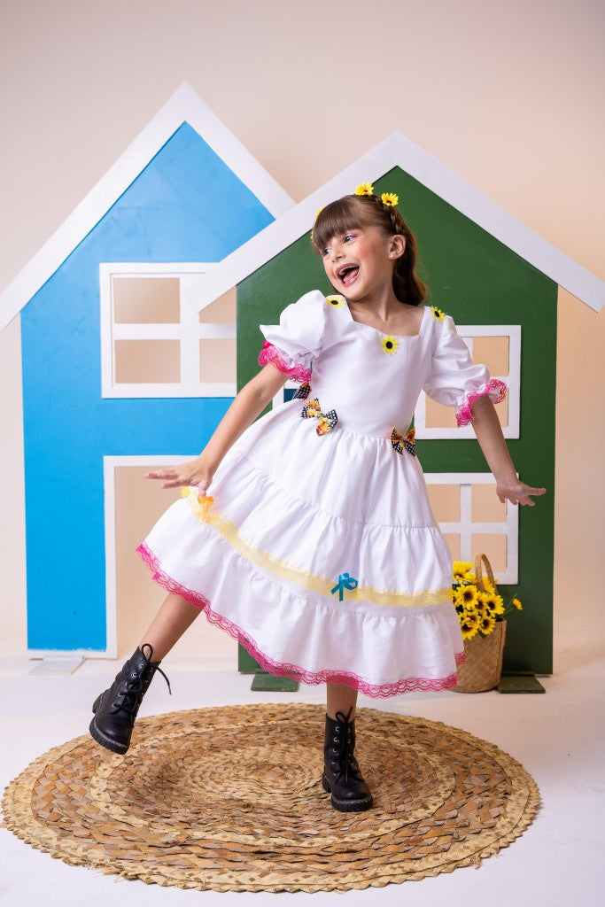 Vestido Junino Banana Club Luxo Noiva/Noivinha Branco - Leveza e Elegância para Meninas | Bebeloo Kids