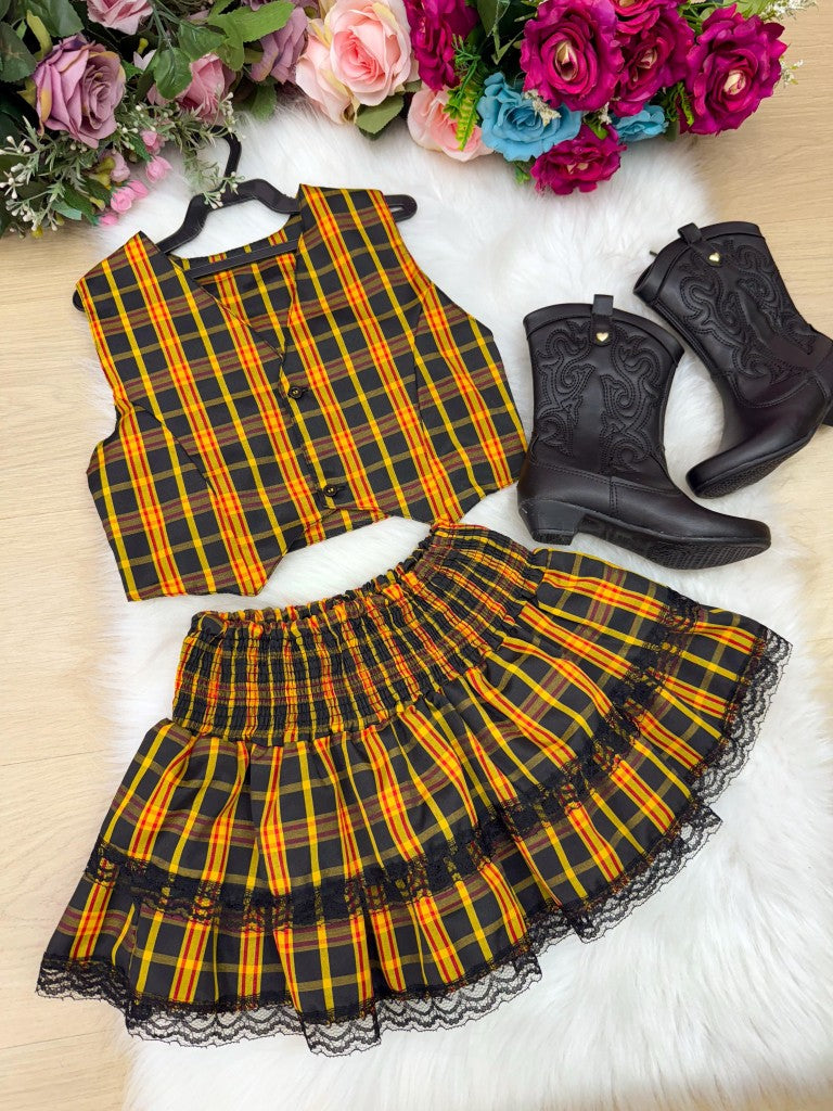 Conjunto Junino Miss Cherry Melissa Xadrez Amarelo - Estilo Delicado para o Dia a Dia | Bebeloo Kids