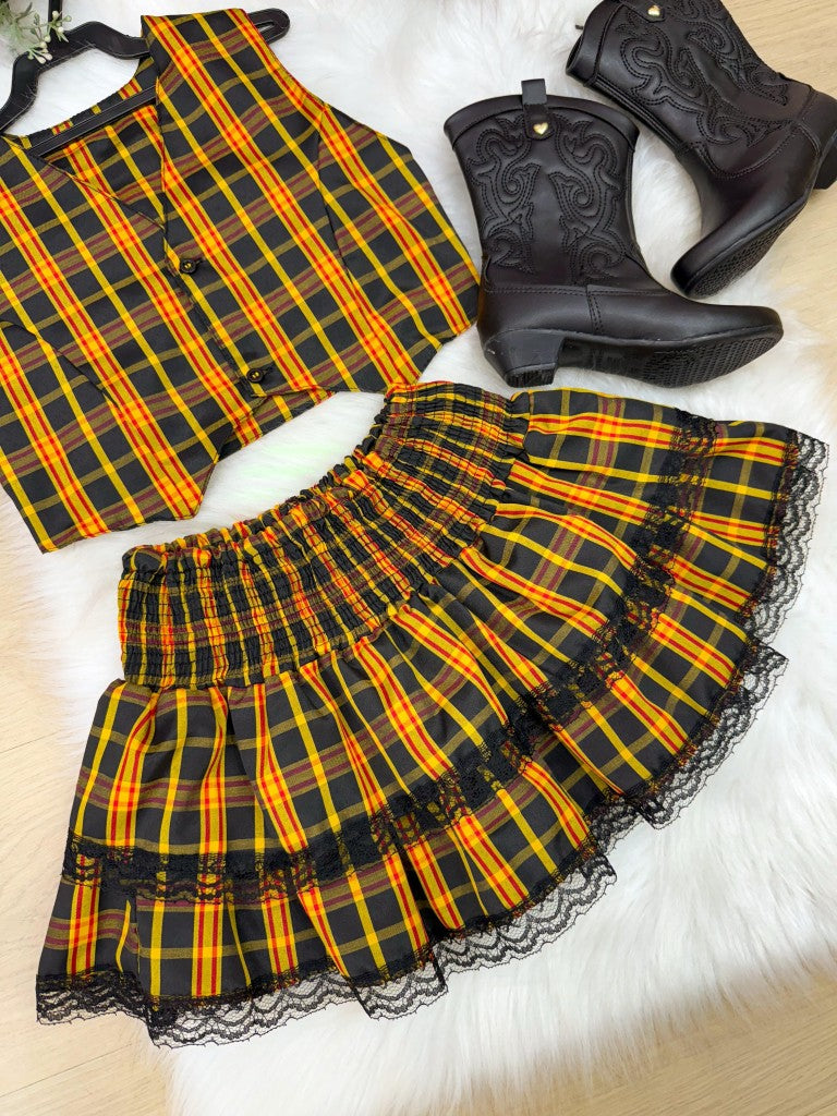 Conjunto Junino Miss Cherry Melissa Xadrez Amarelo - Estilo Delicado para o Dia a Dia | Bebeloo Kids
