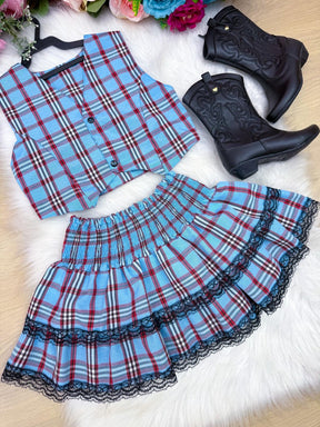 Conjunto Junino Miss Cherry Melissa Xadrez Azul Bebe - Estilo Delicado para o Dia a Dia | Bebeloo Kids