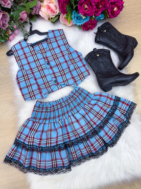 Conjunto Junino Miss Cherry Melissa Xadrez Azul Bebe - Estilo Delicado para o Dia a Dia | Bebeloo Kids