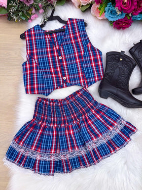 Conjunto Junino Miss Cherry Melissa Xadrez Azul Marinho - Estilo Delicado para o Dia a Dia | Bebeloo Kids