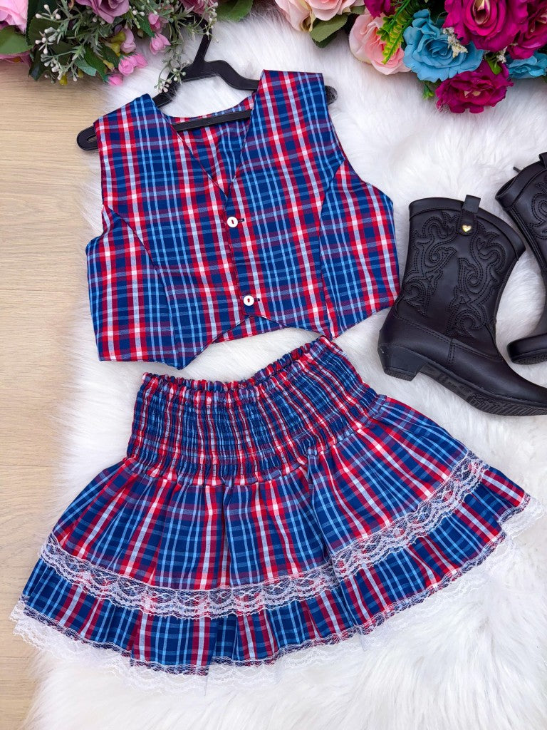 Conjunto Junino Miss Cherry Melissa Xadrez Azul Marinho - Estilo Delicado para o Dia a Dia | Bebeloo Kids