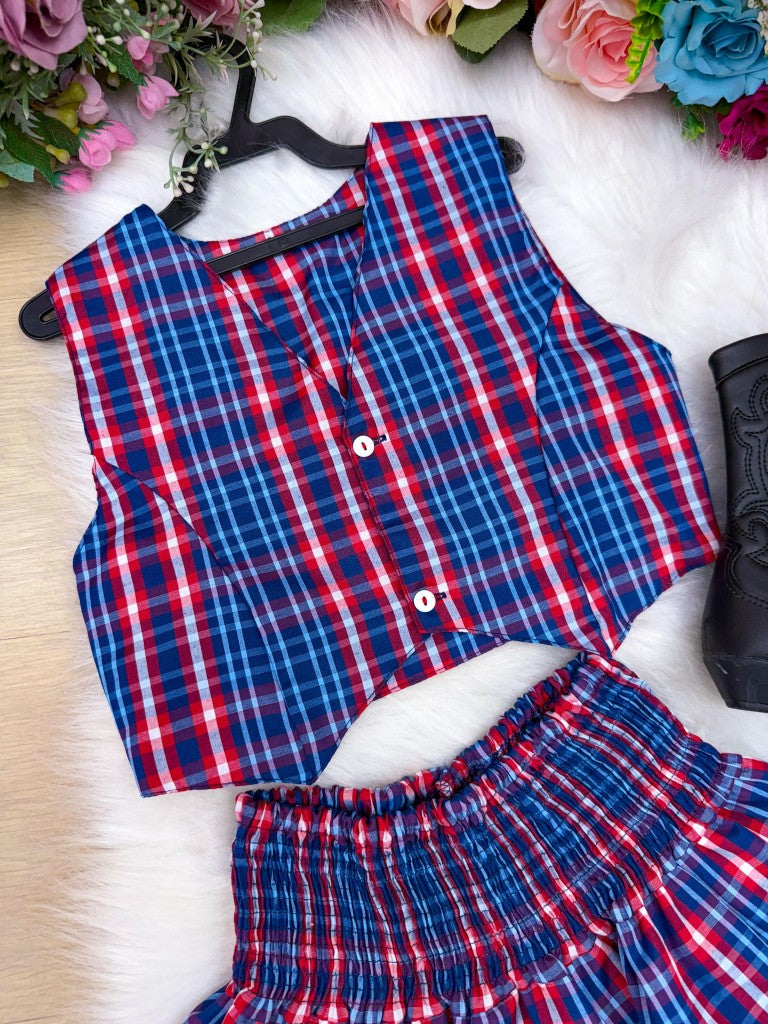 Conjunto Junino Miss Cherry Melissa Xadrez Azul Marinho - Estilo Delicado para o Dia a Dia | Bebeloo Kids