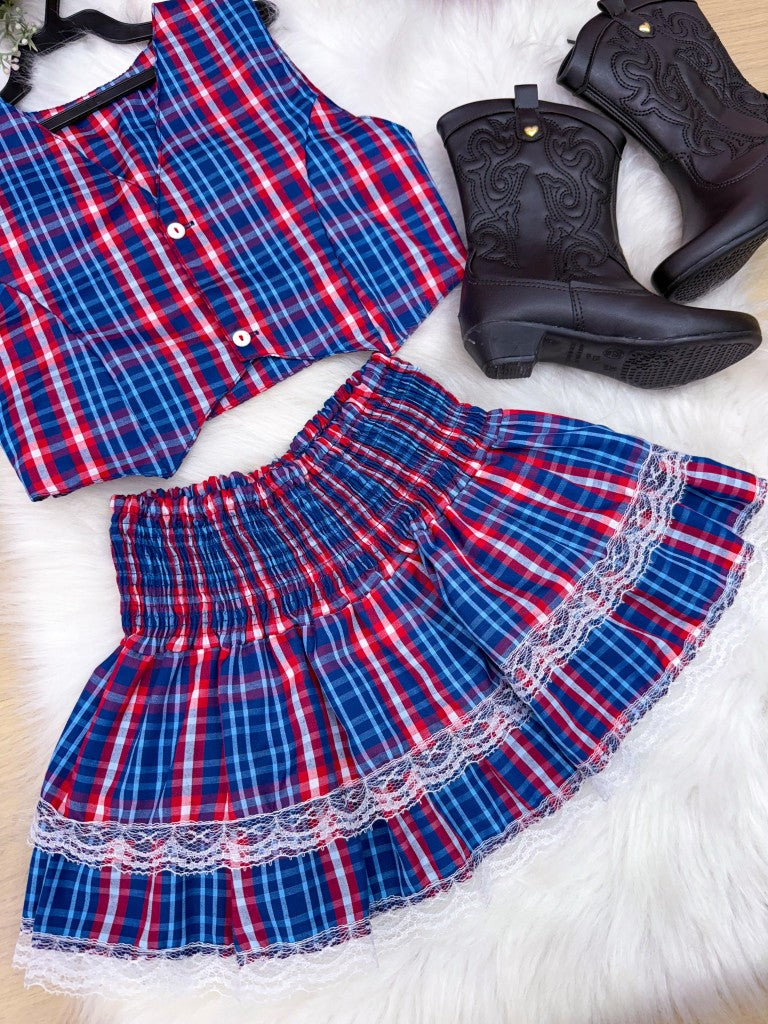 Conjunto Junino Miss Cherry Melissa Xadrez Azul Marinho - Estilo Delicado para o Dia a Dia | Bebeloo Kids