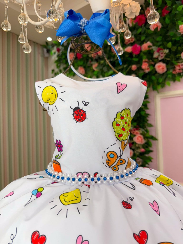 Vestido Marie Lapis Aquarela ABC Branco e Azul Royal - Leveza e Elegância para Meninas | Bebeloo Kids