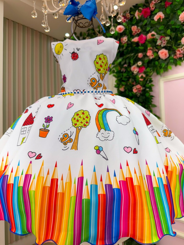 Vestido Marie Lapis Aquarela ABC Branco e Azul Royal - Leveza e Elegância para Meninas | Bebeloo Kids