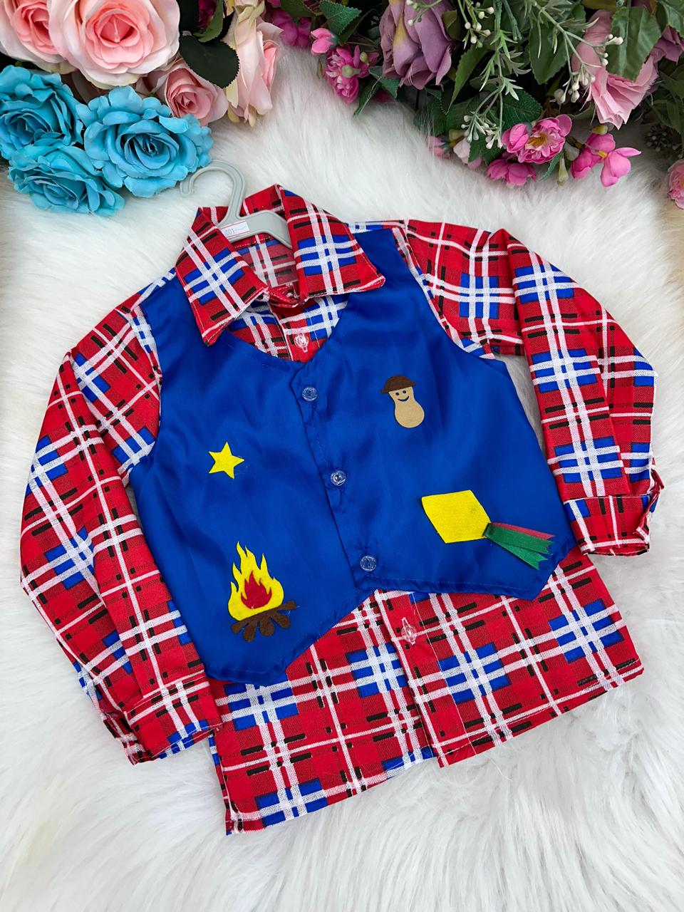 Camisa Junina Xadrez São Pedro Colete Azul - Elegância e Conforto para os Pequenos | Bebeloo Kids