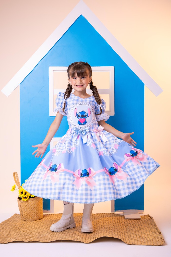 Vestido Junino Tematico Luxo Lilo Stitch Azul Bebe - Leveza e Elegância para Meninas | Bebeloo Kids