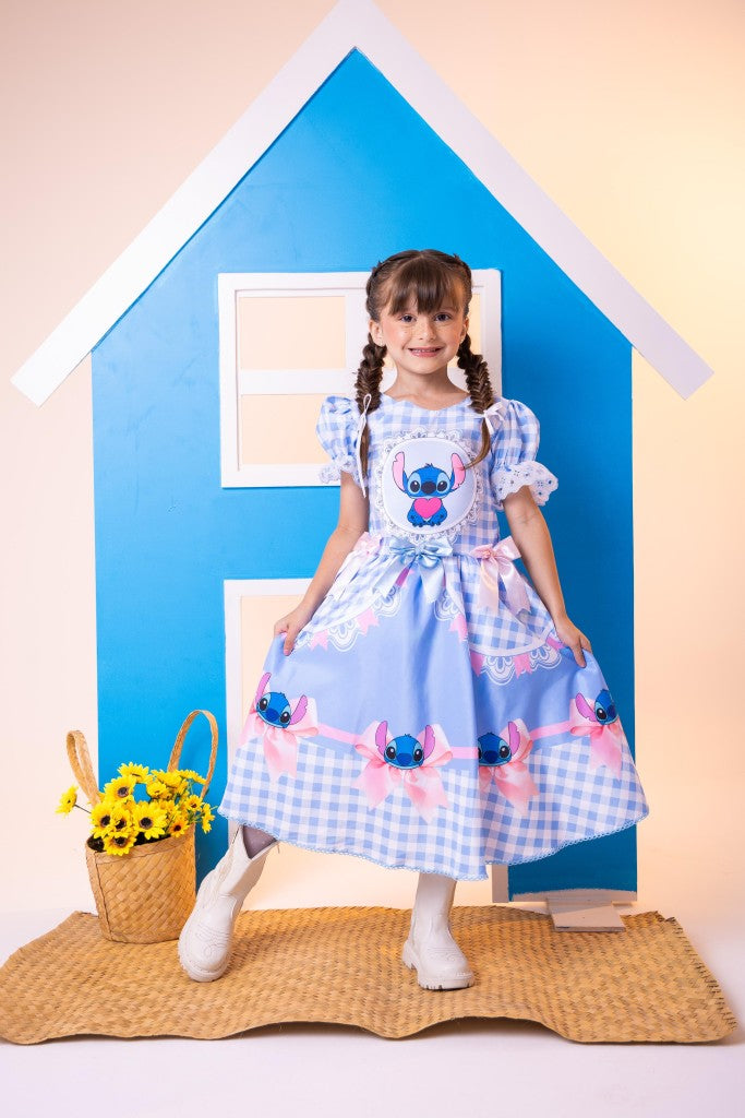 Vestido Junino Tematico Luxo Lilo Stitch Azul Bebe - Leveza e Elegância para Meninas | Bebeloo Kids
