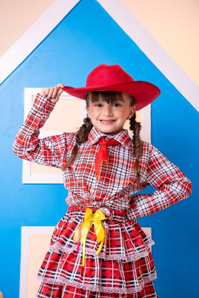 Conjunto Junino Xadrez Chiquinha Vermelho - Estilo Delicado para o Dia a Dia | Bebeloo Kids