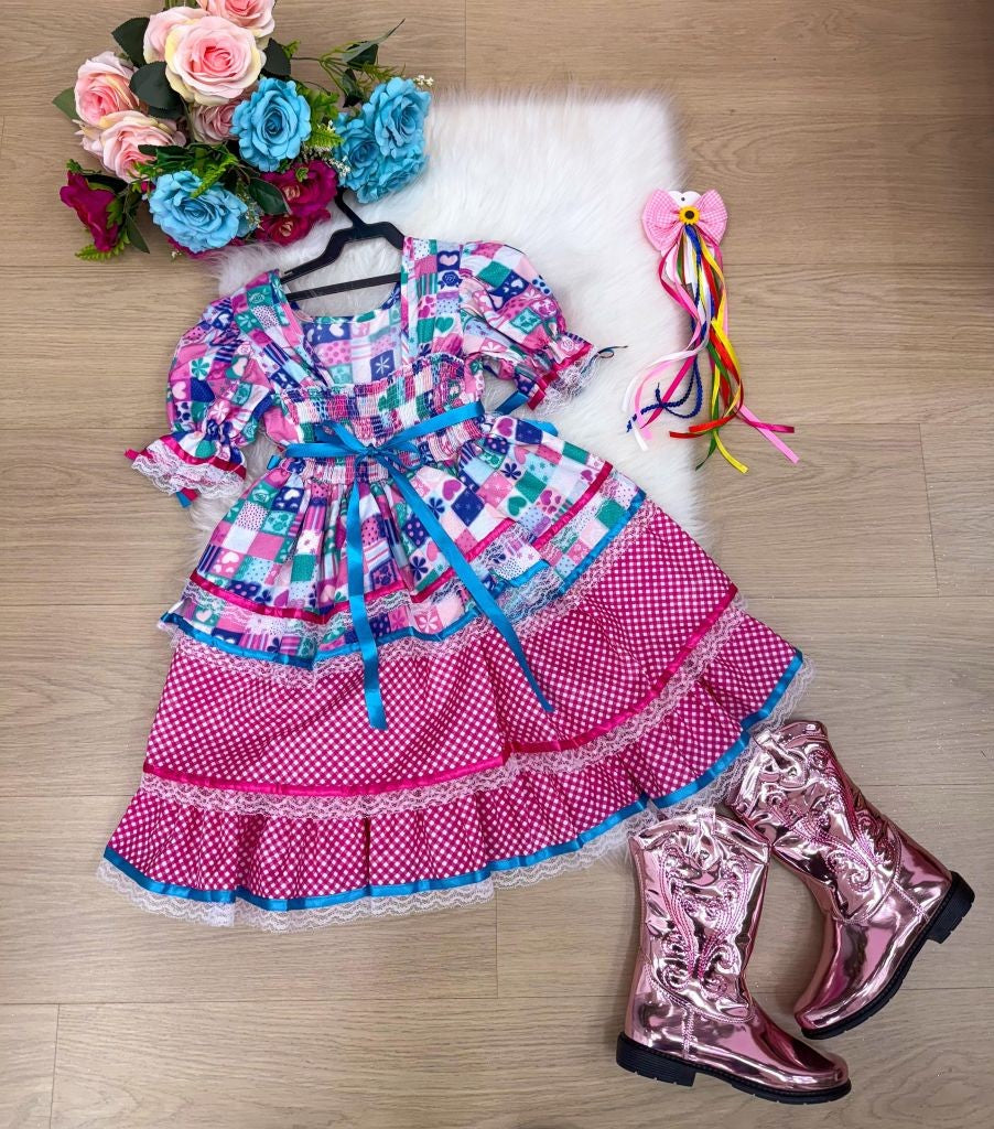 Vestido Bella Child Junino Celebração Caipira Pink - Leveza e Elegância para Meninas | Bebeloo Kids