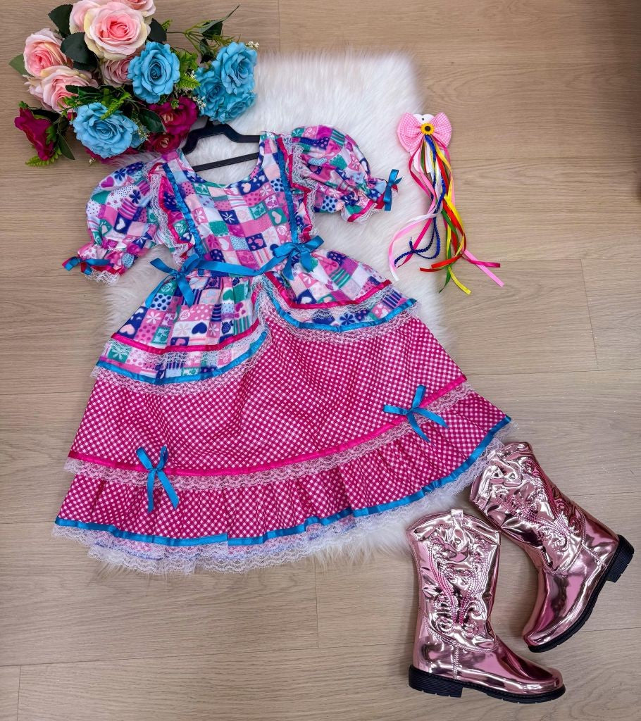 Vestido Bella Child Junino Celebração Caipira Pink - Leveza e Elegância para Meninas | Bebeloo Kids