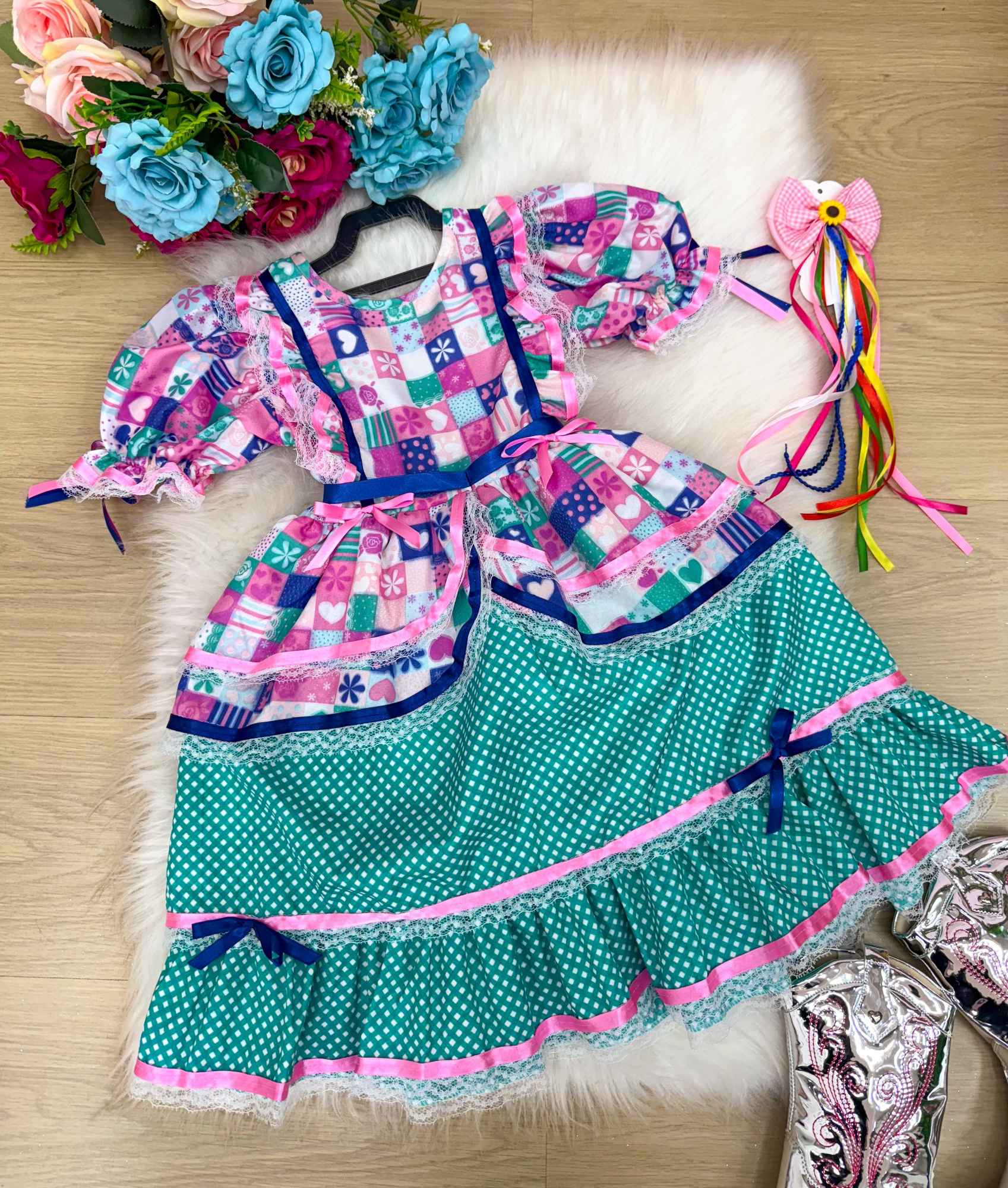 Vestido Bella Child Junino Celebração Caipira Verde Tiffany - Leveza e Elegância para Meninas | Bebeloo Kids