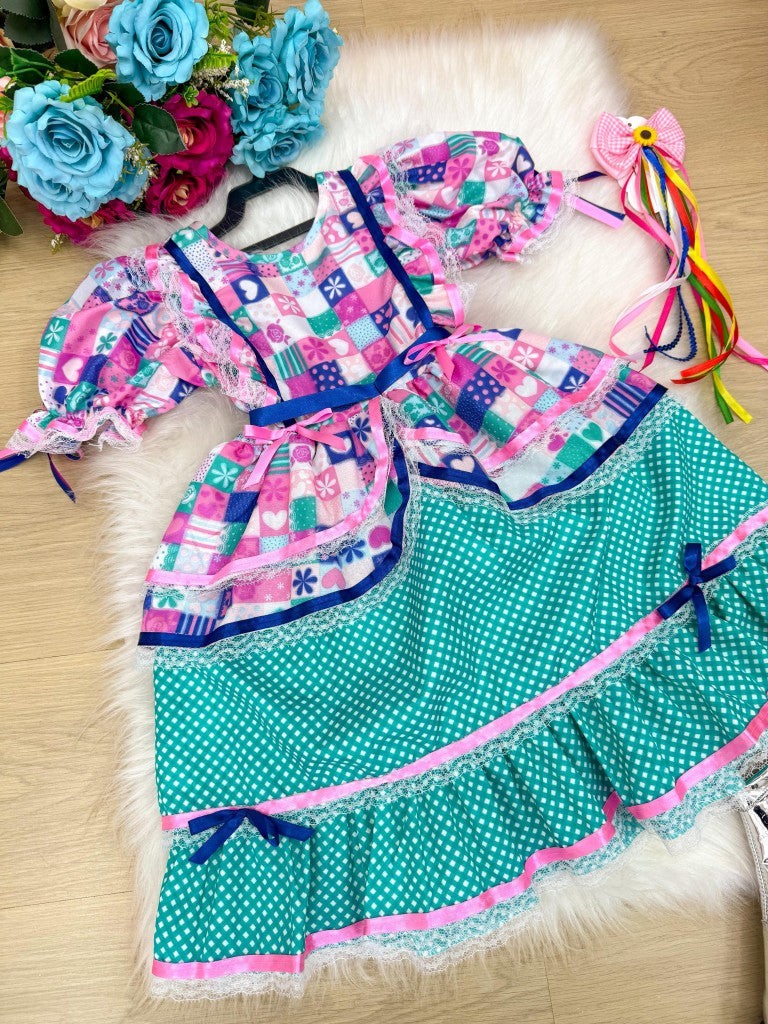 Vestido Bella Child Junino Celebração Caipira Verde Tiffany - Leveza e Elegância para Meninas | Bebeloo Kids