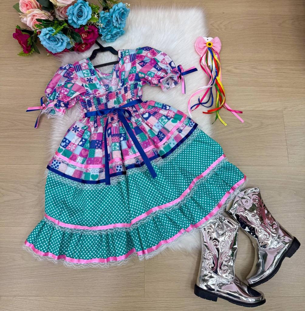 Vestido Bella Child Junino Celebração Caipira Verde Tiffany - Leveza e Elegância para Meninas | Bebeloo Kids