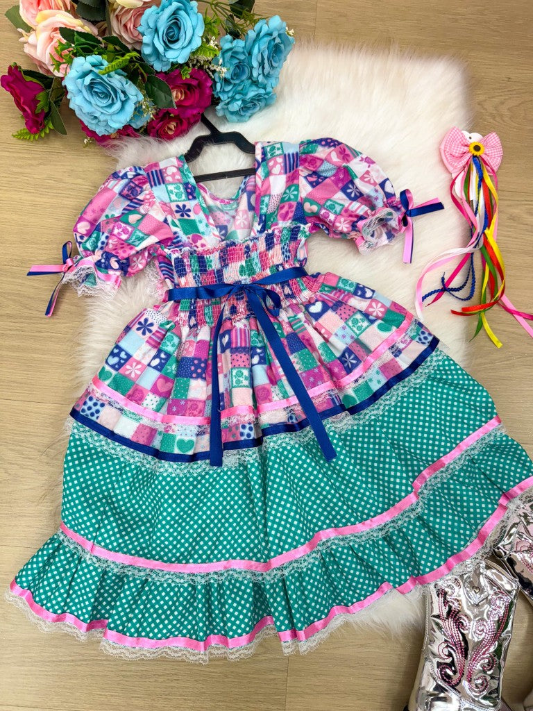 Vestido Bella Child Junino Celebração Caipira Verde Tiffany - Leveza e Elegância para Meninas | Bebeloo Kids