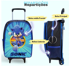 Kit Mochila Rodinhas + Lancheira + Estojo Sonic - Praticidade e Charme para o Dia a Dia | Bebeloo Kids
