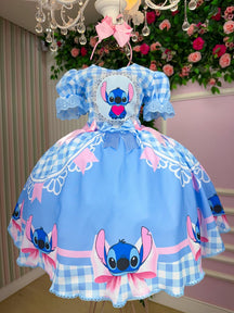 Vestido Junino Tematico Luxo Lilo Stitch Azul Bebe Modelo 2 - Leveza e Elegância para Meninas | Bebeloo Kids