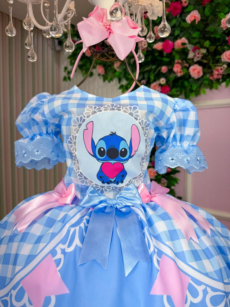 Vestido Junino Tematico Luxo Lilo Stitch Azul Bebe Modelo 2 - Leveza e Elegância para Meninas | Bebeloo Kids