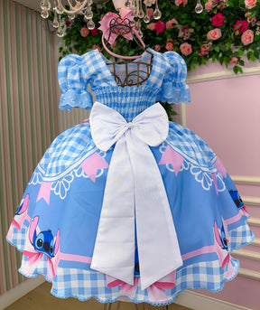 Vestido Junino Tematico Luxo Lilo Stitch Azul Bebe Modelo 2 - Leveza e Elegância para Meninas | Bebeloo Kids
