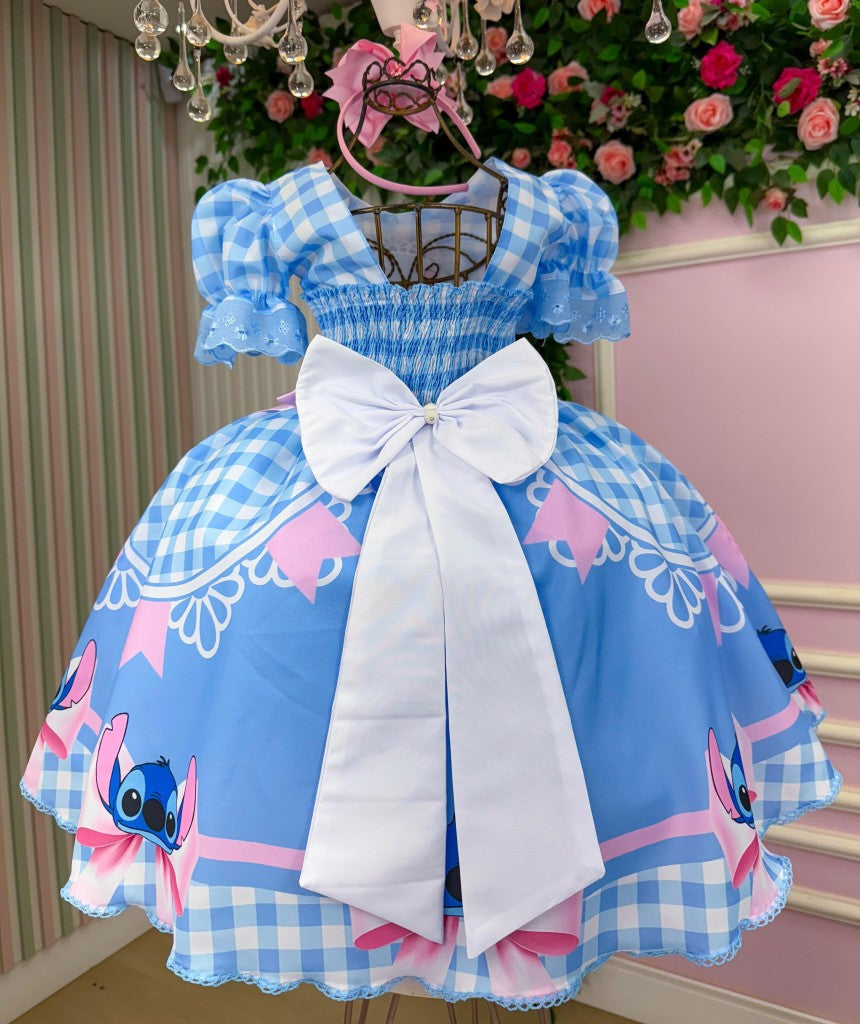 Vestido Junino Tematico Luxo Lilo Stitch Azul Bebe Modelo 2 - Leveza e Elegância para Meninas | Bebeloo Kids