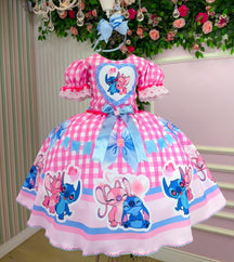 Vestido Junino Tematico Luxo Lilo Stitch Rosa Bebe Modelo 2 - Leveza e Elegância para Meninas | Bebeloo Kids
