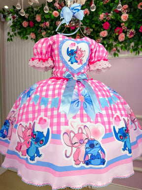 Vestido Junino Tematico Luxo Lilo Stitch Rosa Bebe Modelo 2 - Leveza e Elegância para Meninas | Bebeloo Kids