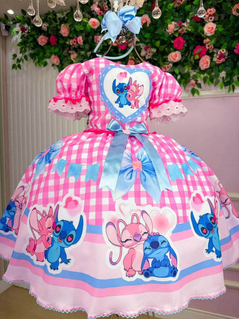 Vestido Junino Tematico Luxo Lilo Stitch Rosa Bebe Modelo 2 - Leveza e Elegância para Meninas | Bebeloo Kids